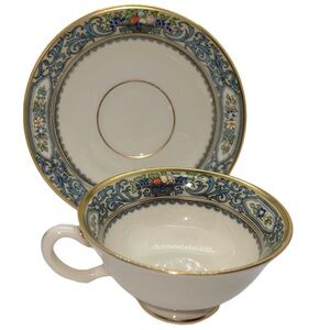 LENOX AUTUMN TEACUP AND SAUCER VINTAGE UNIQUE RAISED ENAMAL DESIGN